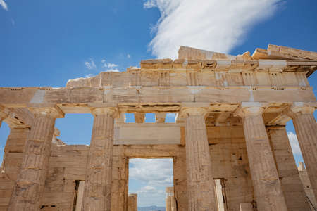 Athens Acropolis, Greece landmark. Ancient Greek Propylaea entrance gate ceiling and pillars low...