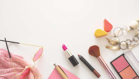 Women accessories flat lay. Fashion, trends and shopping concept. Female products against white color background, top view, copy spaceの写真素材