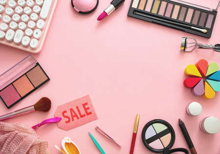 Women accessories shopping sale concept. Fashion, trends and shopping flat lay. Female products against pink color background, top view, copy spaceのeditorial素材