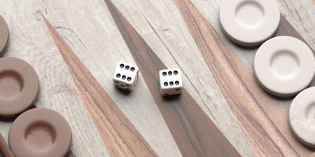 Backgammon, playing an ancient table game. Dice and chips on the backgammon board. Strategy and...