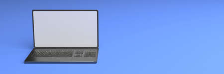 Laptop blank sreen template. Computer open front view, empty white screen on blue color background,...