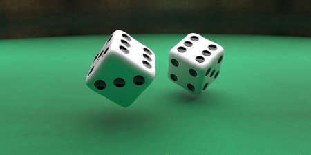 Dice red color, two flying over green color felt background, Rolling dice, gambling, luck concept....