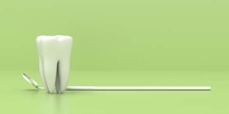 Dentist mirror and a tooth model on pastel green color background, copy space. 3d illustrationの写真素材
