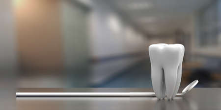 Dentist mirror and a tooth model on dental clinic blur background, copy space. 3d illustration