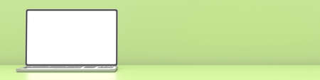 Laptop blank sreen template. Computer open front view, empty white screen on pastel green color...