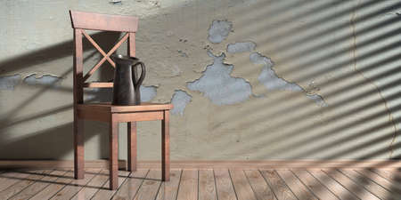 Metal jug on a classic wooden chair. Home room interior, peeled faded wall and wooden floor background, copy space. 3d illustrationの写真素材