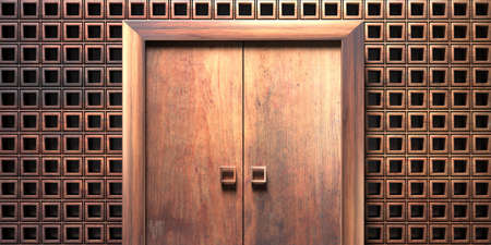 Wooden entrance door on geometric square shape pattern background texture. Wood panel building facade, art deco style template, 3d illustrationの写真素材