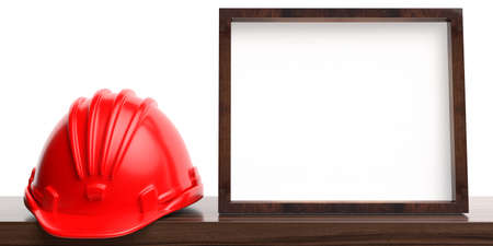Hardhat and blank white photo frame on wooden shelf, white wall background. Work safety, product presentation, advertise template, 3d illustrationの写真素材