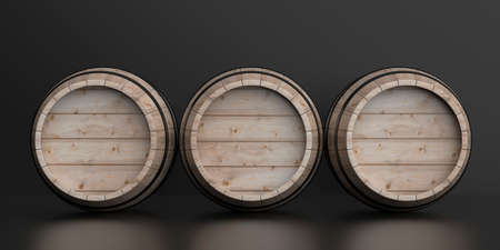 Whiskey, bourbon cellar concept.. Three wooden barrels on dark gray black background. Wine, beer alcohol distilery template. 3d illustrationの写真素材