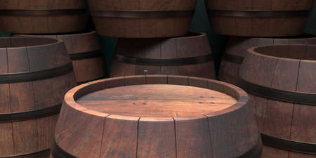 Winemaking, wine storage concept. Old wooden alcohol barrel, dark wine cellar background, closeup...