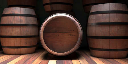 Winemaking, wine storage concept. Old wooden alcohol barrel, dark wine cellar background, copy space, 3d illustrationの写真素材