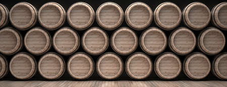Wine, beer, alcohol cellar background. Old barrels stacked on wooden floor, black background,...