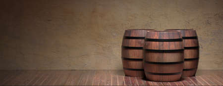 Winemaking, wine storage concept. Old wooden alcohol barrels on wine cellar background, copy space, banner. 3d illustrationの写真素材