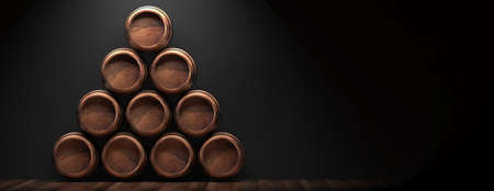 Wine, whiskey, alcohol cellar, xmas template, space. Old barrels stacked christmas tree shape on wooden floor, black background. Winemaking, storage concept. 3d illustrationの写真素材