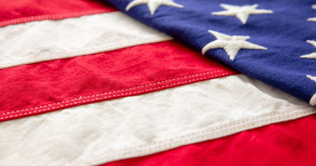 USA flag detail, closeup view. American flag background texture. Memorial day and 4th of July, Independence day conceptの写真素材