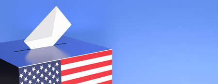 USA election day, vote concept. White envelope in ballot box slot. America flag colors container with patriotic stars against blue background, banner, copy space. 3d illustrationの写真素材