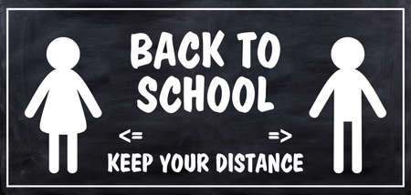 BACK TO SCHOOL KEEP YOUR DISTANCE text message against black background, banner. Coronavirus spread...