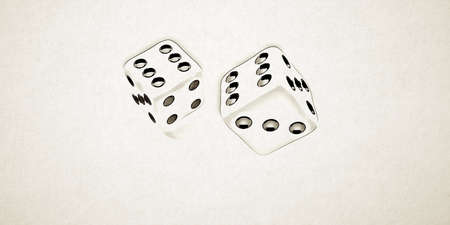 Two dice cartoon of black outline, spotted, put at number six, isolated on white paper background,...
