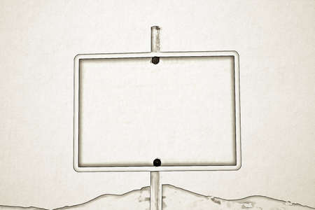 Sign cartoon empty, in front of mountains, of black outline, on white background, texture, copy...