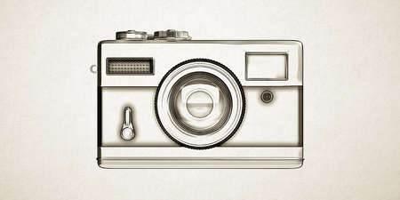 Retro photo camera cartoon of black outline, analog, with flash, lens and buttons isolated cutout on white color rough paper background, texture.の写真素材