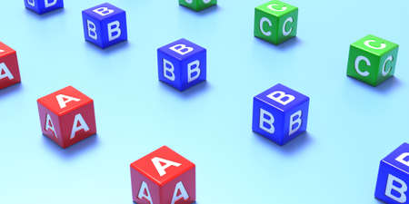 School, preschool keep distance, coronavirus days concept. Abc letter cubes in lines, blue pastel color background. 3d illustrationの写真素材
