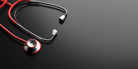 Medical stethoscope red color on black background. Health checkup diagnosis, healthcare template. Diagnostic tool for heartbeat test, cardiology doctor equipment. 3d illustrationの写真素材