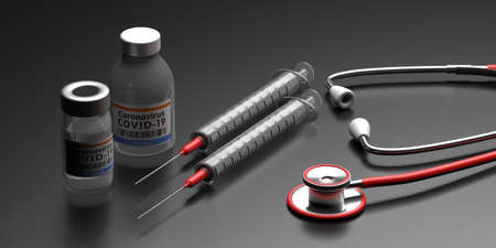 Coronavirus vaccine vials, syringes and medical stethoscope on gray black background. Covid 19 vaccination, flu outbreak prevention, immunization concept. 3d illustrationの写真素材