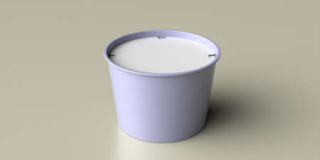 Ice cream blank bowl package with white cover on pastel green background. Plastic or paper container blank pastel purple color advertise template. 3d illustrationの写真素材