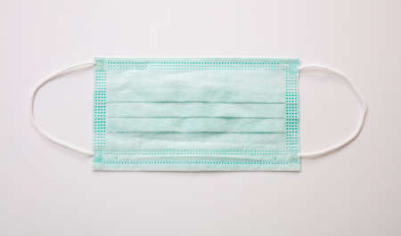 Coronavirus protection, health concept. Protective medical mask isolated against white background, top view, banner. Healthcare templateの写真素材