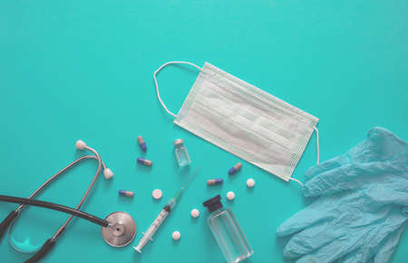 Coronavirus protection medical equipment. Protective mask, vaccine, COVID 19 diagnosis and...