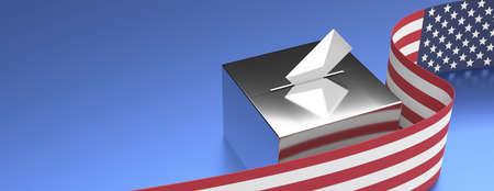 USA election day, vote concept. America flag flyer and white envelope in ballot box slot, blue color...