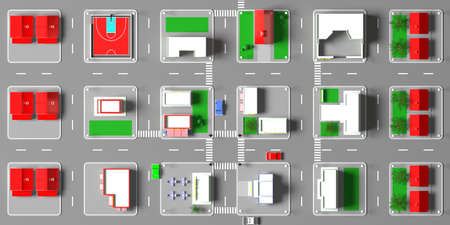 Small town isometric blocks map. Suburb downtown, urban buildings and streets. Top view of houses...