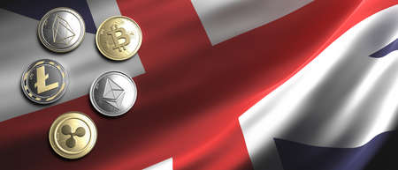 Cryptocurrency, blockchain technology, mining in UK concept. Bitcoin, ripple, litecoin, eos, ethereum coins set on United Kingdom flag background. 3d illustrationの写真素材