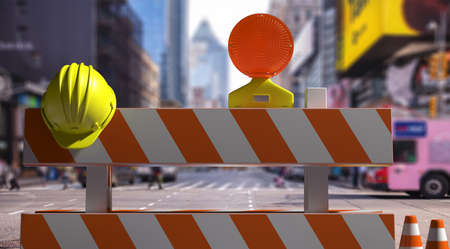 Roadworks, road closed, under construction, maintenance works concept. Traffic barriers and warning...