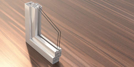 Aluminum profile frames double glazing sample on wooden floor background. Whiteolor window and door...