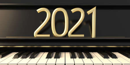 2021 new year golden number on piano keys, closeup font view, banner. New year eve music concept. 3d...