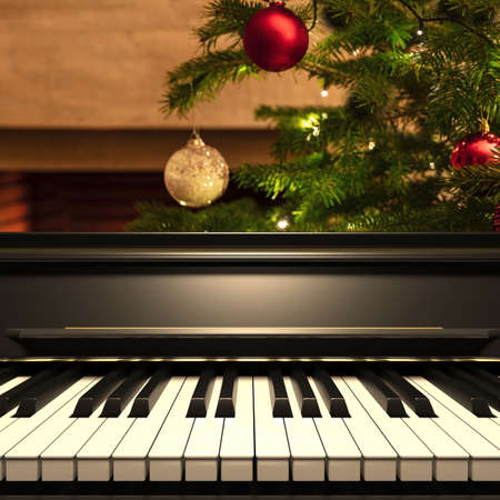 Piano keyboard and christmas tree. Soft light on piano keys, closeup front view. Xmas songs music, greeting card template. 3d illustrationの写真素材