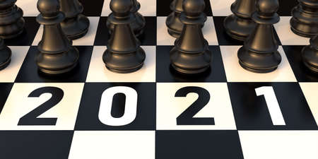 2021, Chess new year. Number 2021 and black chess set on black and white chessboard background, high...