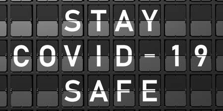COVID 19 STAY SAFE Text. Split flap Airport letters on Solari board display, black background. The message informs about coronavirus pandemic. 3d illustrationの写真素材