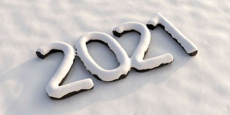2021 new year, number covered with christmas snow on a snowy background. Holidays winter season. 3d illustrationの写真素材