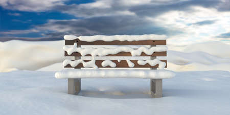 Empty wooden bench snow covered in winter time landscape, blue cloudy sky background. 3d...