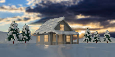 House illuminated in snowy landscape, blue cloudy sky. Christmas snow covered field and trees, peaceful winter holiday evening on the mountain. 3d illustrationの写真素材
