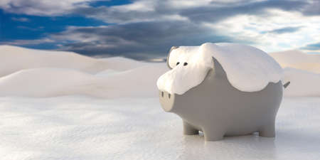 Piggy bank snow covered in winter landscape, blue cloudy sky background, copy space. Holiday season costs and savings concept. 3d illustrationの写真素材