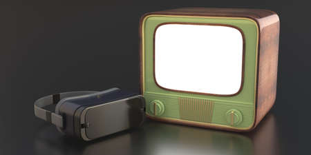 VR glasses and tv, Virtual reality headset and vintage television set on black background. Gaming equipment, future technology device. 3d illustration.の写真素材