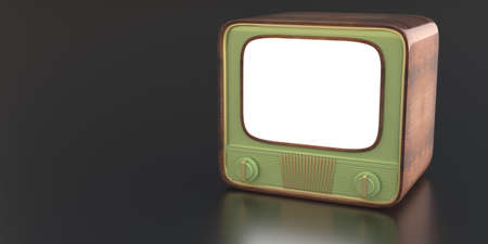 TV retro, old vintage television with blank white screen against dark black color background, copy space, 50s nostalgia, template. 3d illustrationの写真素材