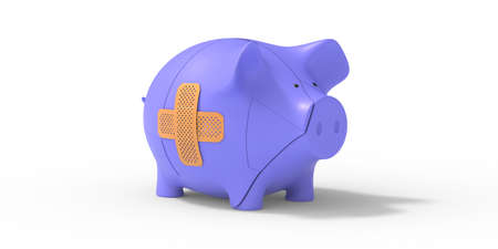Bank finance aid. Broken piggybank with a patch isolated on white background. Injured economy care with bandage, liquidity concept. 3d illustrationの写真素材