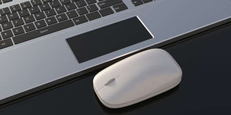 Computer mouse and laptop touchpad on black color background, closeup, Technology hardware...
