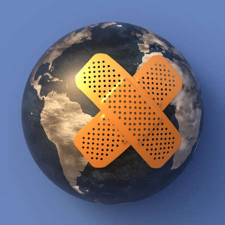 Planet earth wounded. World globe with a bandage on blue background. World health day, environment,...