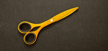 Scissors gold color isolated on black background, Tailor, barber, hairdresser luxury equipment, top viewの写真素材