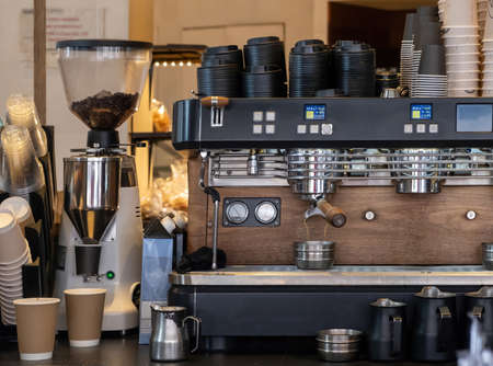 Coffee machine, cafe shop. Espresso preparation, professional equipment background, takeaway serviceの写真素材